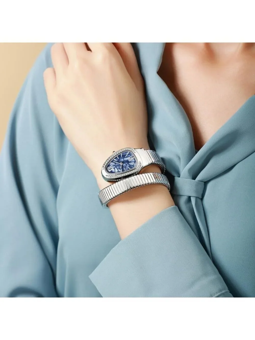 Women's Silver Blue Elegant Wrap Around Bangle Fashion Snake Cuff Wrist Watches